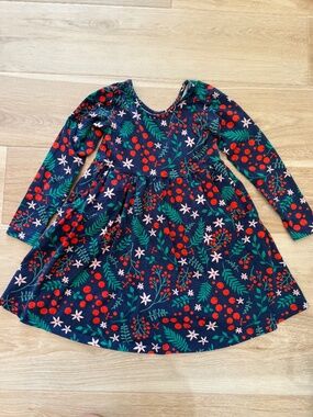 Hanna Andersson Girls Floral Holiday Dress Navy Red Long Sleeve Size 6-7